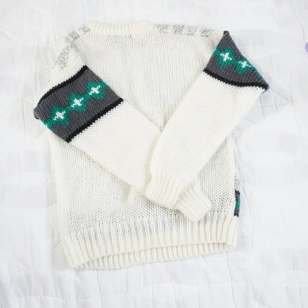 VTG 80s Justin Blake Men's Crew‎ Neck Sweater M White Geometric Pattern Acrylic